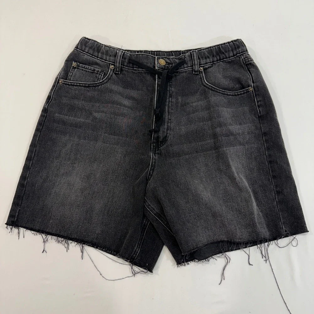 BDG Pull On Baggy Short Women Large Black Drawstring‎ Denim Raw Hem | Grunge